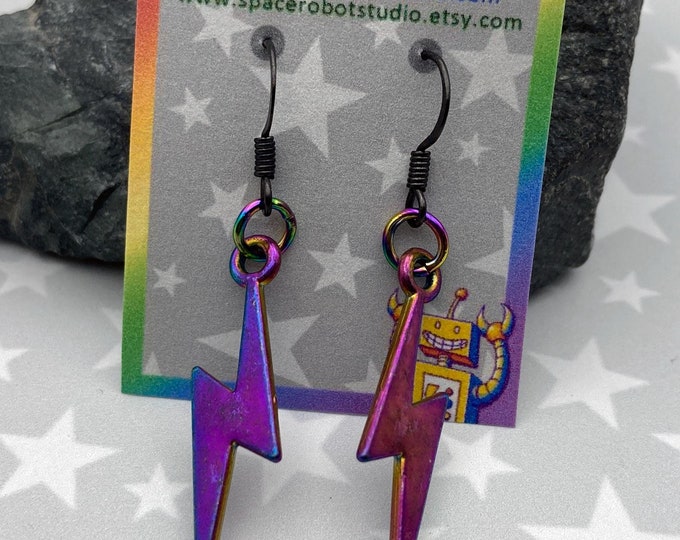 Rainbow Lightning Earrings | Rainbow & Dark Gunmetal | Dangle Earrings