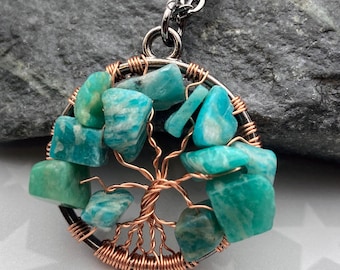 Tree of Life Necklace | Copper & Amazonite | Small Wire-Wrapped Pendant | Gunmetal Chain