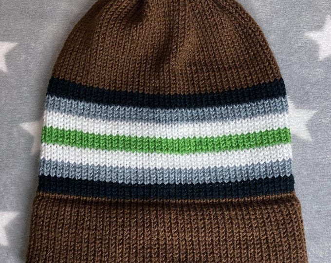Knit Agender Pride Hat | Brown Slouchy Beanie | Lightweight Acrylic