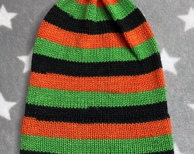 Knit Hat | Halloween Orange Green Stripes | Slouchy Beanie | Acrylic