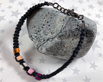 Lesbian Pride Hemp Bracelet - Black - Ceramic Beads - 7 to 8 Inches Adjustable
