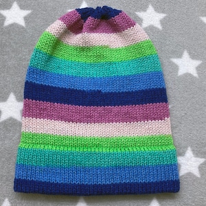 Knit Hat - Blue Green Pink Stripes - Slouchy Beanie - Acrylic