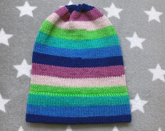 Knit Hat - Blue Green Pink Stripes - Slouchy Beanie - Acrylic