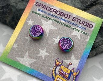 Rainbow Steel Earrings | Purple Glitter Resin | Small 6mm Stud Earrings