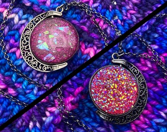 Spinner Moon Necklace | Gunmetal & Pink Gems | Stim Jewelry | Large 1.5" Pendant