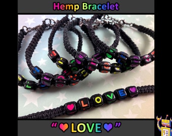 LOVE Hemp Bracelet | Rainbow Alphabet Beads | Black Hemp | 1 Bracelet (Assorted Rainbow Colors) | 7 to 8 Inches Adjustable