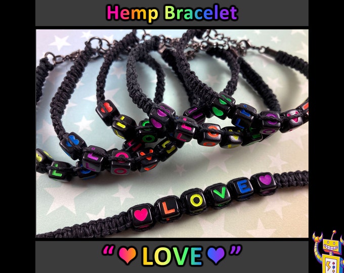 LOVE Hemp Bracelet - Rainbow Alphabet Beads - Black Hemp - 1 Bracelet (Assorted Rainbow Colors) - 7 to 8 Inches Adjustable