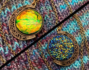 Spinner Moon Necklace | Bronze & Iridescent Faux Fire Opal | Stim Jewelry | Large 1.5" Pendant