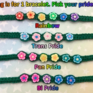 Flower Hemp Pride Flag Bracelet Rainbow, Trans, Pan, Bi Pride Green Hemp 1 Bracelet 4 Options 6 to 10 Inches Adjustable Slide Knot image 2