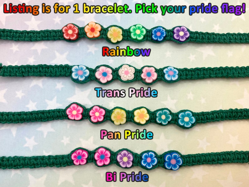 Flower Hemp Pride Flag Bracelet Rainbow, Trans, Pan, Bi Pride Green Hemp 1 Bracelet 4 Options 6 to 10 Inches Adjustable Slide Knot image 2