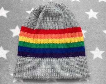 Knit LGBT Rainbow Pride Hat | Light Grey Slouchy Beanie | Lightweight Acrylic