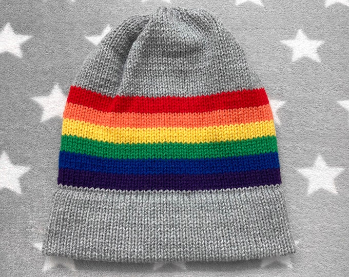 Knit LGBT Rainbow Pride Hat | Light Grey Slouchy Beanie | Lightweight Acrylic