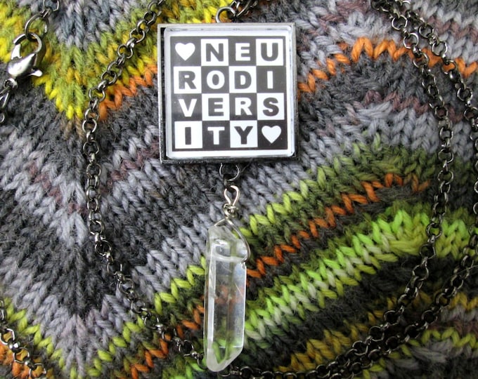 Neurodiversity Necklace & Crystal | Black and White | Square Checker Design