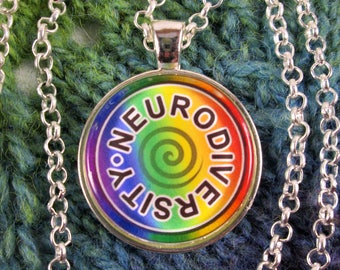 Neurodiversity Necklace - Rainbow - Round Swirl Design - Silver Rolo Chain