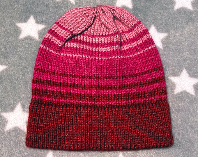 Knit Gradient Hat - Red to Pink - Ombre Fade Stripes - Slightly Slouchy Beanie - Acrylic