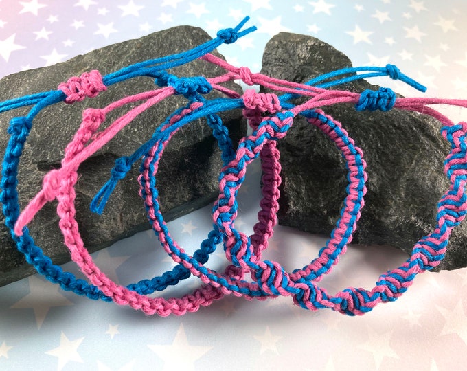 Pink & Blue Hemp Bracelet Set - Set of 4 Bracelets - 6 to 10 Inches Adjustable Slide Knot