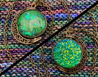 Spinner Moon Necklace | Bronze & Green Gems | Stim Jewelry | Large 1.5" Pendant