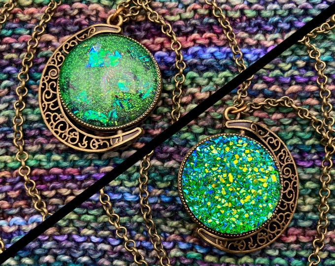 Spinner Moon Necklace | Bronze & Green Gems | Stim Jewelry | Large 1.5" Pendant