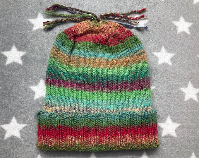 Handknit Noro Hat - Spring Greens Red Yellow Blue - Slouchy Knit Hat with Tassels - Cotton Silk Wool Nylon Blend