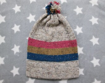 Knit Pansexual Pride Hat | Cream Wool Tweed | Big XL Slouchy Beanie
