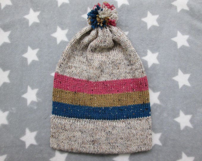 Knit Pansexual Pride Hat | Cream Wool Tweed | Big XL Slouchy Beanie