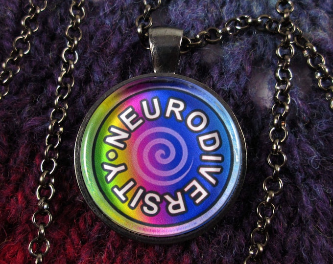 Neurodiversity Necklace | Dark Rainbow | Round Swirl Design | Gunmetal Rolo Chain