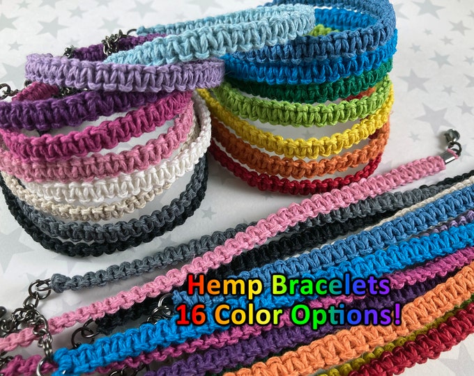 Solid Color Hemp Bracelet with Gunmetal Extender Chain - 1 Bracelet - 16 different colors (Pick 1!) - 7 to 8 Inches Adjustable