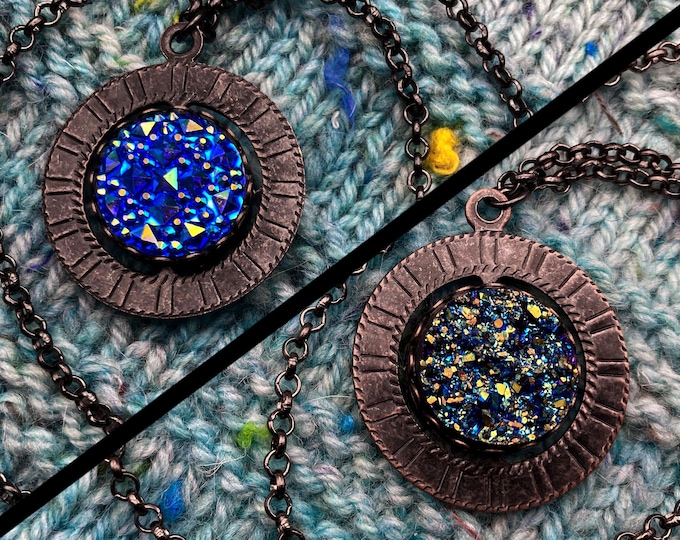 Spinner Pendant Necklace | Dark Gunmetal, Blue Sparkly Gems | Stim Jewelry