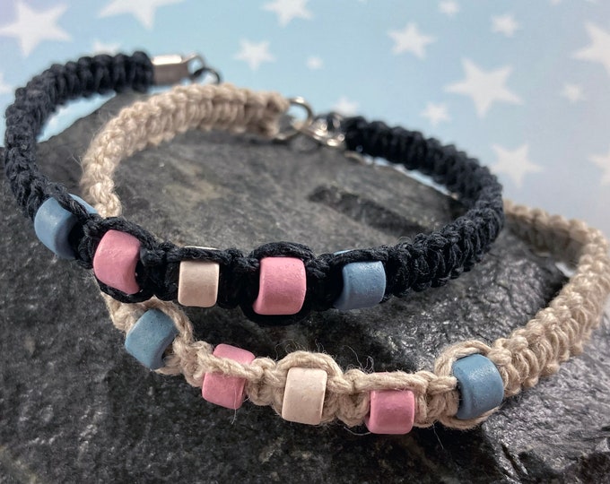 Trans Pride Hemp Bracelet | Black or Tan | Ceramic Beads | 1 Bracelet | 7 to 8 Inches Adjustable