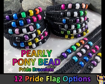 Pearly Mini Pony Beads Hemp Pride Flag Bracelet - Black Hemp - 12 Different Flag Options (Pick 1!) - 7 to 8 Inches Adjustable