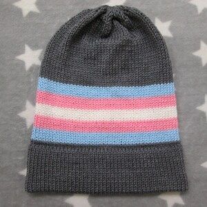 Knit Trans Pride Hat | Gray Slouchy Beanie | Lightweight Acrylic