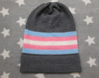 Knit Trans Pride Hat | Gray Slouchy Beanie | Lightweight Acrylic