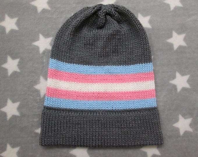 Knit Pride Hat - Trans Pride - Grey Slouchy Beanie - Acrylic