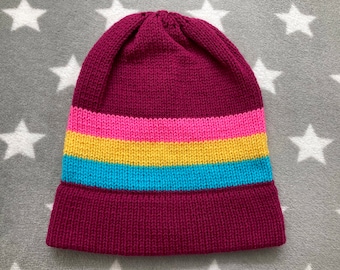 Knit Pansexual Pride Hat | Raspberry Slouchy Beanie | Lightweight Acrylic