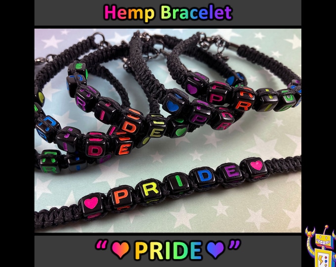 PRIDE Hemp Bracelet - Rainbow Alphabet Beads - Black Hemp - 1 Bracelet (Assorted Rainbow Colors) - 7 to 8 Inches Adjustable