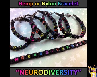 NEURODIVERSITY Rainbow Alphabet Bead Bracelet - Black Hemp or Nylon - 1 Bracelet (Assorted Rainbow Colors) - Chain or Slide Knot Closure