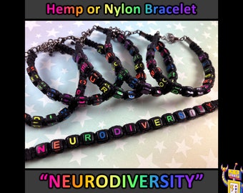 NEURODIVERSITY Rainbow Alphabet Bead Bracelet | Black Hemp or Nylon | 1 Bracelet (Assorted Rainbow Colors) | Chain or Slide Knot Closure