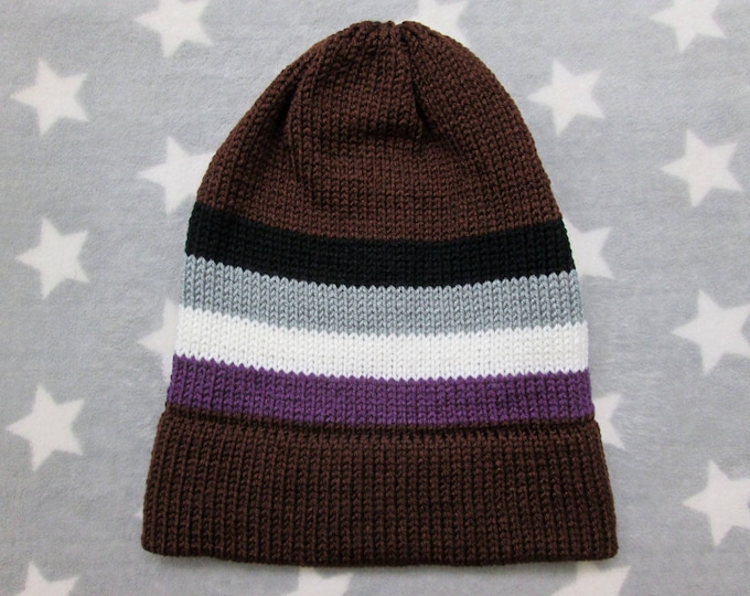 Knit Asexual Pride Hat | Brown Slouchy Beanie | Soft Acrylic | CLEARANCE (Old Style Yarn)