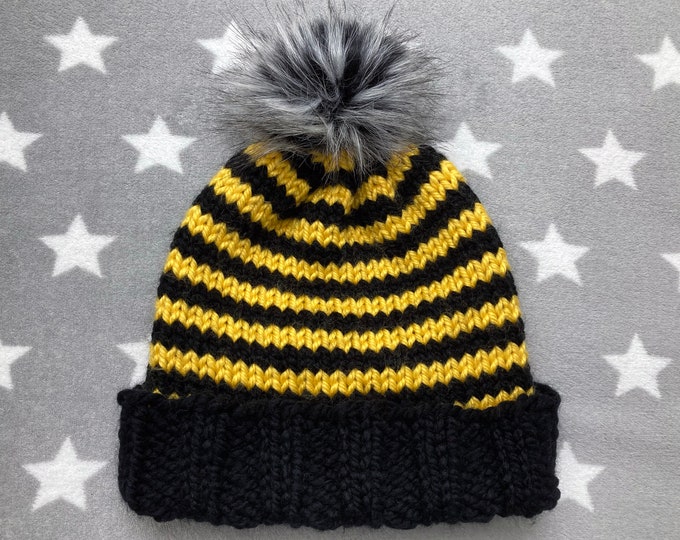 Chunky Handknit Hat - Black & Yellow Bee Stripes - Wool Acrylic Blend - Knit Hat with Faux Fur Pom-Pom