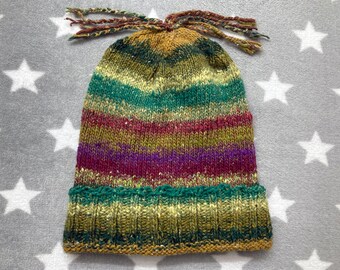 Handknit Noro Hat - Multicolor Earthtones - Knit Slouchy Hat with Tassels - Cotton Silk Wool Nylon Blend