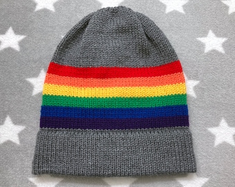 Knit LGBT Rainbow Pride Hat | Grey Slouchy Beanie | Lightweight Acrylic