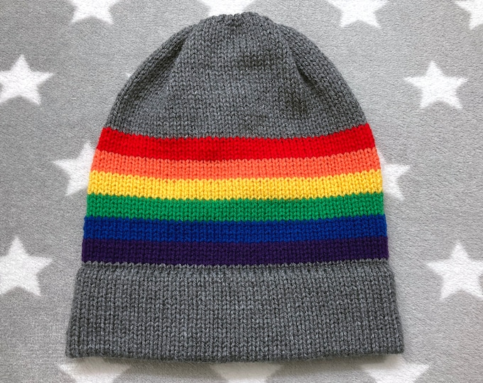 Knit LGBT Rainbow Pride Hat | Grey Slouchy Beanie | Lightweight Acrylic