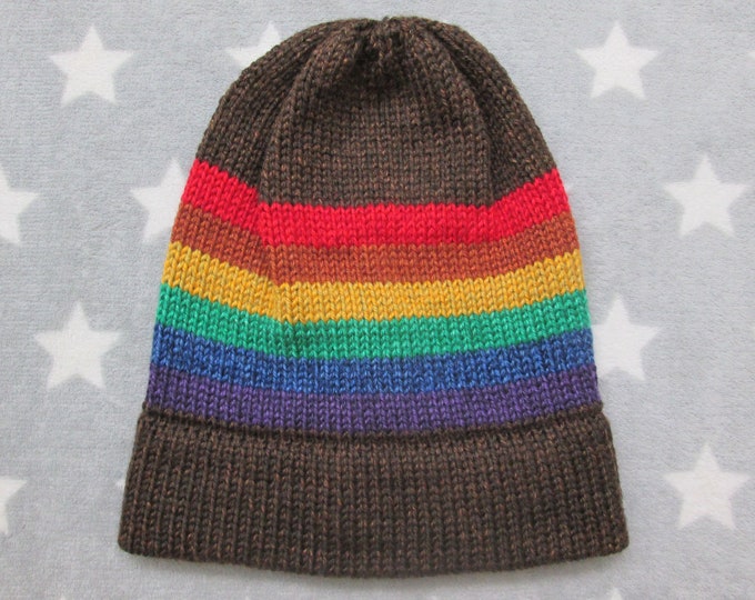 Knit Pride Hat - LGBT Rainbow - Heathered Brown - Slouchy Beanie - Acrylic