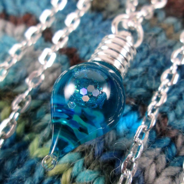 Glitter Liquid Necklace - Small Blue Teardrop - Silver Chain