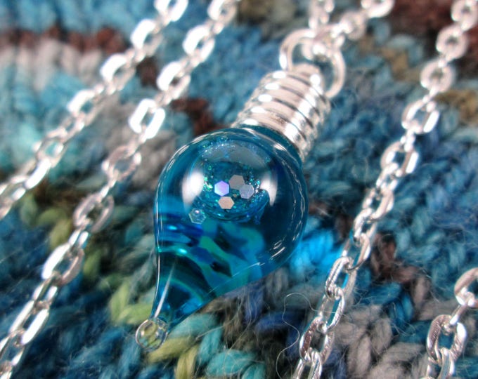 Glitter Liquid Necklace - Small Blue Teardrop - Silver Chain