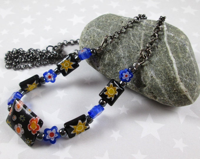 Outer Space Millefiori Necklace - Yellow Stars & Blue Flowers