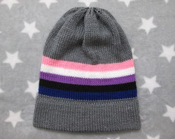Knit Genderfluid Pride Hat | Grey Slouchy Beanie | Lightweight Acrylic