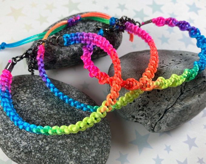 Neon Rainbow Nylon Pride Bracelet - 1 Bracelet - 7 to 8 Inches Adjustable Chain or Extra Adjustable Slide Knot