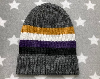 Knit Nonbinary Pride Hat | Heathered Dark Grey | Slouchy Beanie | Soft & Warm Acrylic