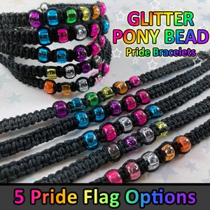 Glitter Mini Pony Beads Hemp Pride Flag Bracelet Rainbow, Bi, Trans, Nonbinary, Lesbian Flags 1 Bracelet 7 to 8 Inches Adjustable image 1